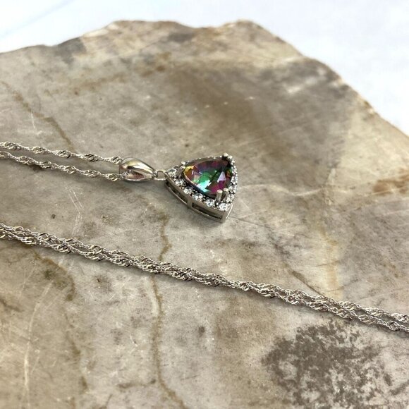 Sterling Silver 925 Trillion Cut Mystic Quartz Pendant Necklace 18" Rope Chain - Picture 6 of 16